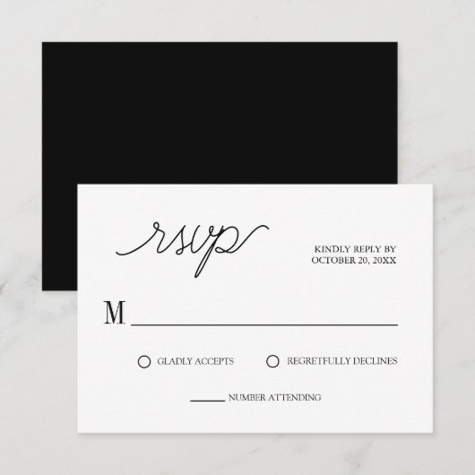 Cartons Réponse Élégant script noir & blanc minimaliste Mariage (Devant / Derrière)