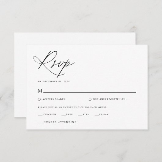 Cartons Réponse Élégant Script noir et blanc Mariage classique (Devant / Derrière)