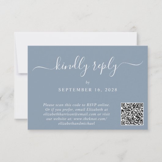 Cartons Réponse Élégant Script Photo QR Code Dusty Blue Mariage (Devant)