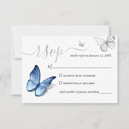 Cartons Réponse Elegant Silver Light Baby Blue Butterfly Wedding (Devant)