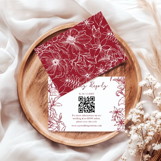 Cartons Réponse Elegant Simple Burgundy Floral QR Code Wedding