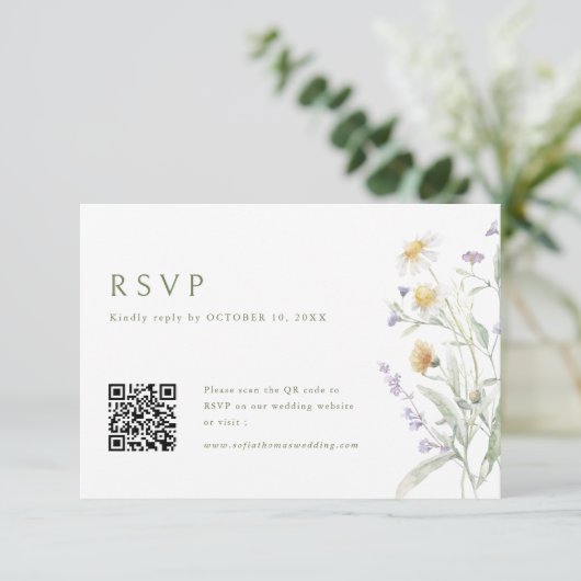 Cartons Réponse Elégant Soft Pastel Fleur sauvage Mariage QR Code (Debout devant)