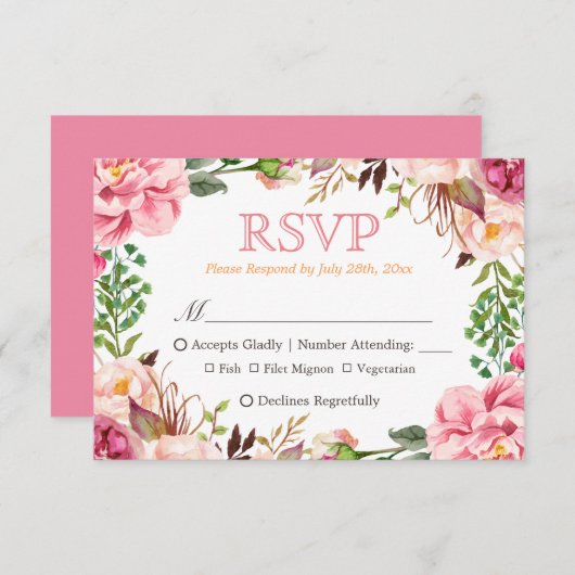 Cartons Réponse Élégant subtil choix de repas floraux rose pâle RS (Devant / Derrière)