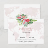 Cartons Réponse Élégant Tropical Floral Gold World Map Mariage (Devant / Derrière)