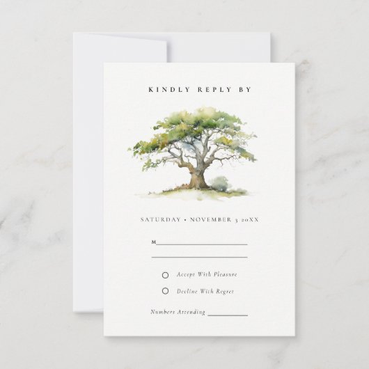 Cartons Réponse Elegant Vert Aquarelle Chêne Arbre Détails Mariage (Devant)