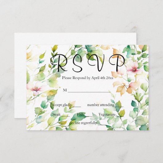 Cartons Réponse Elégant vert fleurs sauvages d'aquarelle (Devant / Derrière)