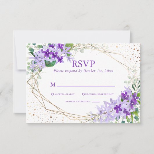 Cartons Réponse Elégant violet or Mariage géométrique Fleurs (Devant)