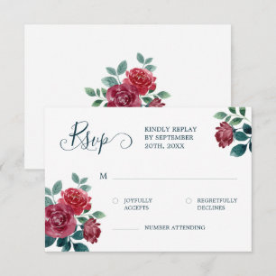 Cartons Réponse Elégante aquarelle florale Bourgogne Mariage Turqu