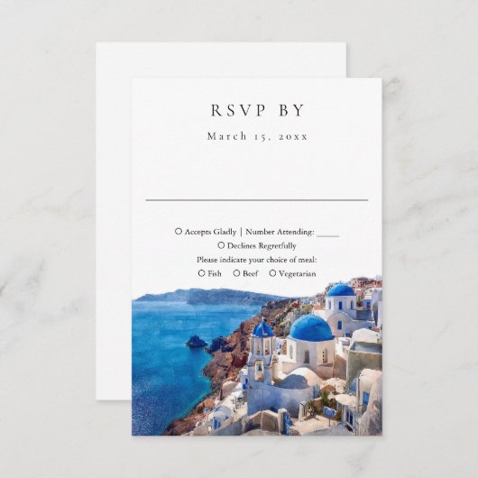 Cartons Réponse Elégante aquarelle Santorin Grèce Mariage (Devant / Derrière)