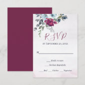 Cartons Réponse Elégante Bourgogne Blanc et Bleu Roses mariage RSV (Devant / Derrière)