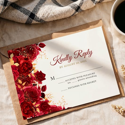 Cartons Réponse Elégante Bourgogne et or Floral Quinceañera