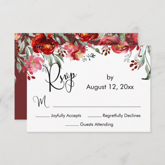 Cartons Réponse Élégante calligraphie Bourgogne Fleurs rouges auto (Devant / Derrière)