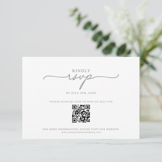 Cartons Réponse Élégante Calligraphie Code QR Gris Mariage (Debout devant)