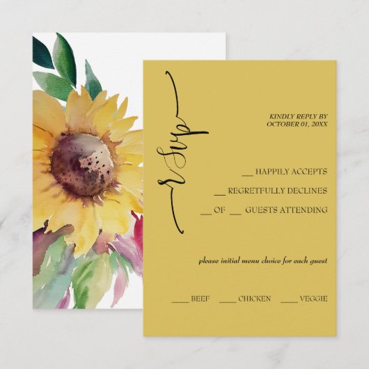 Cartons Réponse Élégante calligraphie du tournesol de moutarde (Devant / Derrière)