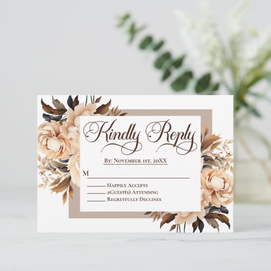 Cartons Réponse Elégante crème et Mariage islamique floral Tan (Debout devant)