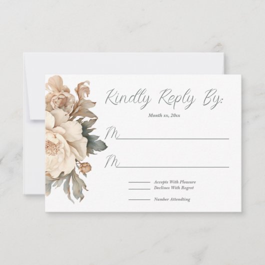 Cartons Réponse Elégante Crème et Taupe avec Mariage Floral Vert (Devant)