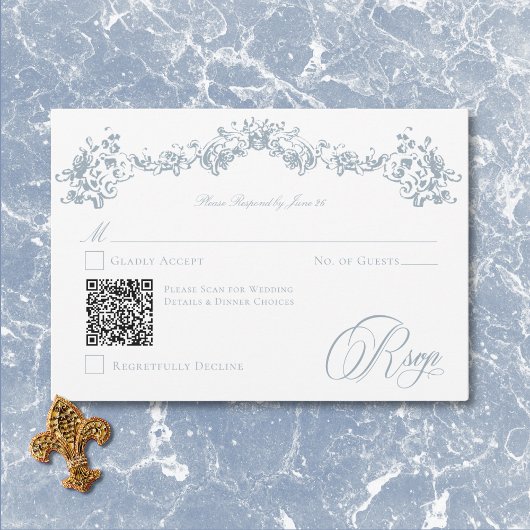 Cartons Réponse Elégante Dusty Blue Chinoiserie Cherub Mariage QR