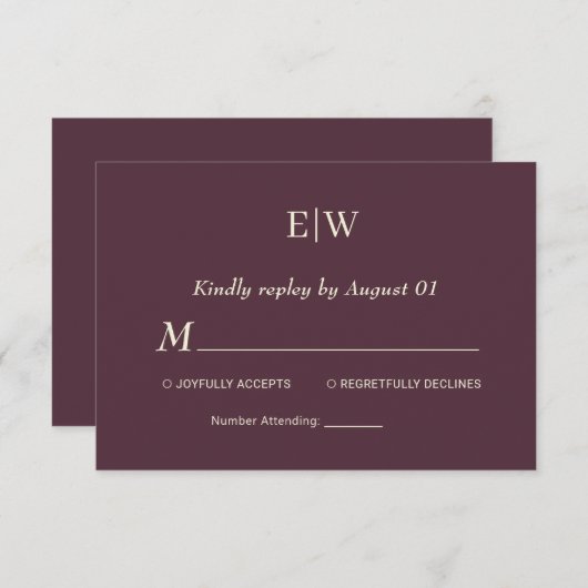 Cartons Réponse Elégante laque simple cerise, Mariage Monogramme (Devant / Derrière)