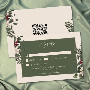 Cartons Réponse Élégantes Baies d'Hiver & Mariage QR Ivoire Piné