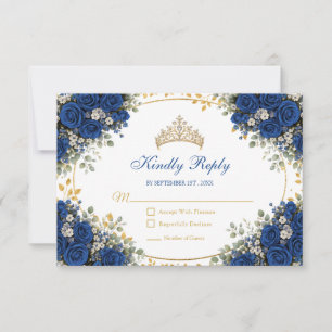 Cartons Réponse Élégantes Roses Bleu Royal Quinceañera Dorées