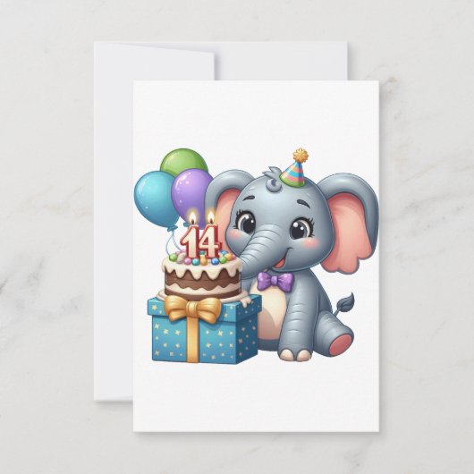 Cartons Réponse Éléphant d'anniversaire 14 ans (Devant)