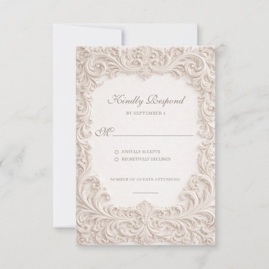Cartons Réponse Embossed Style Ivory Rococo Scroll Wedding (Devant)