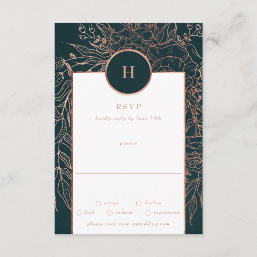 Cartons Réponse Emerald Dusty Rose Gold Monogram Mariage Wreath (Devant)