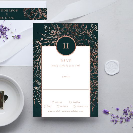 Cartons Réponse Emerald Dusty Rose Gold Monogram Mariage Wreath