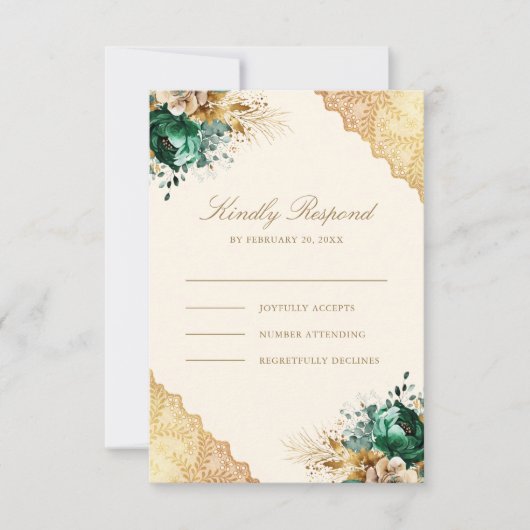Cartons Réponse Emerald Floral Gold Lace Cream Mariage musulman (Devant)
