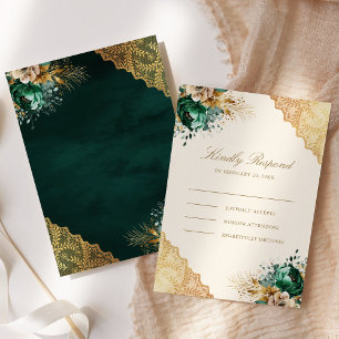 Cartons Réponse Emerald Floral Gold Lace Crème Mariage Musulman
