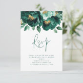 Cartons Réponse Emerald Gold Florals Script QR Code Mariage (Debout devant)