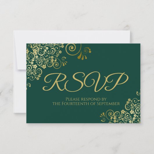 Cartons Réponse Emerald Green avec Elegant Gold Lace Mariage (Devant)