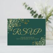 Cartons Réponse Emerald Green avec Elegant Gold Lace Mariage (Debout devant)