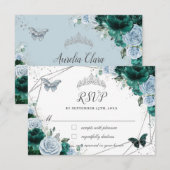 Cartons Réponse Emerald Green Baby Blue Floral Silver Quinceañera (Devant / Derrière)