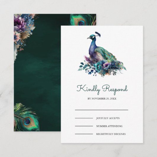 Cartons Réponse Emerald Green Floral Peacock Wedding (Devant / Derrière)