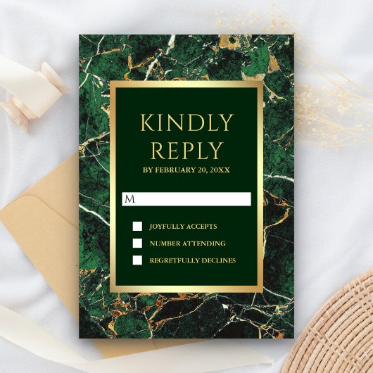 Cartons Réponse Emerald Green Marble Faux Gold Foil Mariage
