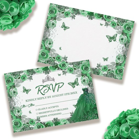 Cartons Réponse Emerald Green Parties scintillant argenté Floral Q