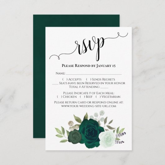 Cartons Réponse Emerald Green Roses Elegant Boho Chic Mariage (Devant / Derrière)