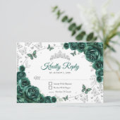 Cartons Réponse Emerald Green Silver Floral Quinceanera Reply (Debout devant)