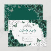 Cartons Réponse Emerald Green Silver Floral Quinceanera Reply (Devant / Derrière)
