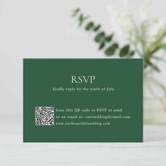 Cartons Réponse Emerald vert QR Code moderne Mariage élégant (Debout devant)