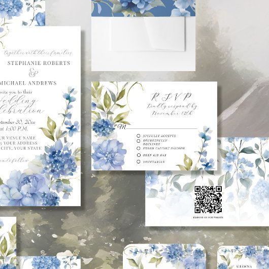 Cartons Réponse Été Floral Bleu et blanc Mariage élégant