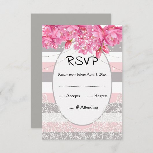 Cartons Réponse Été rose et gris rayures mariage dentelle florale (Devant / Derrière)