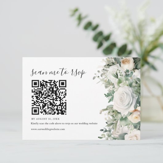 Cartons Réponse Eucalyptus blanc Rose Mariage QR Code (Debout devant)