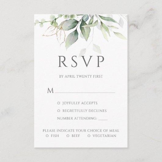 Cartons Réponse Eucalyptus Feuille Gold Options Mariage (Devant)