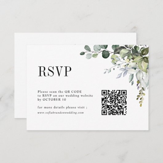Cartons Réponse Eucalyptus Feuille Verdure Rustique Mariage QR Cod (Devant / Derrière)