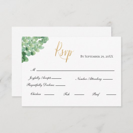 Cartons Réponse Eucalyptus Gold Script Mariage formel élégant (Devant / Derrière)