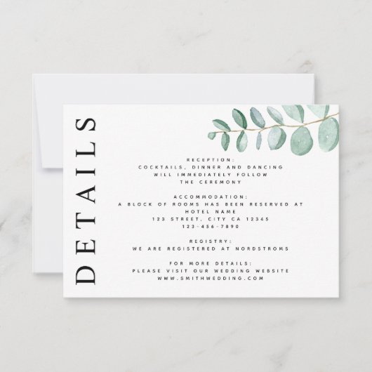 Cartons Réponse Eucalyptus Green Minimalist Détails Mariage (Devant)