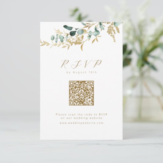 Cartons Réponse Eucalyptus or vert boho code QR mariage (Debout devant)