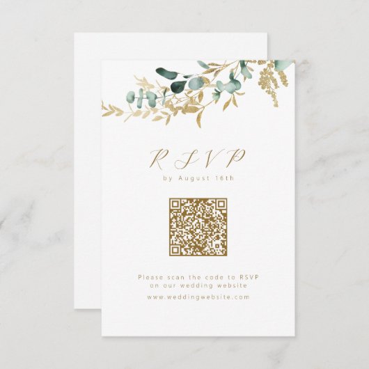 Cartons Réponse Eucalyptus or vert boho code QR mariage (Devant / Derrière)